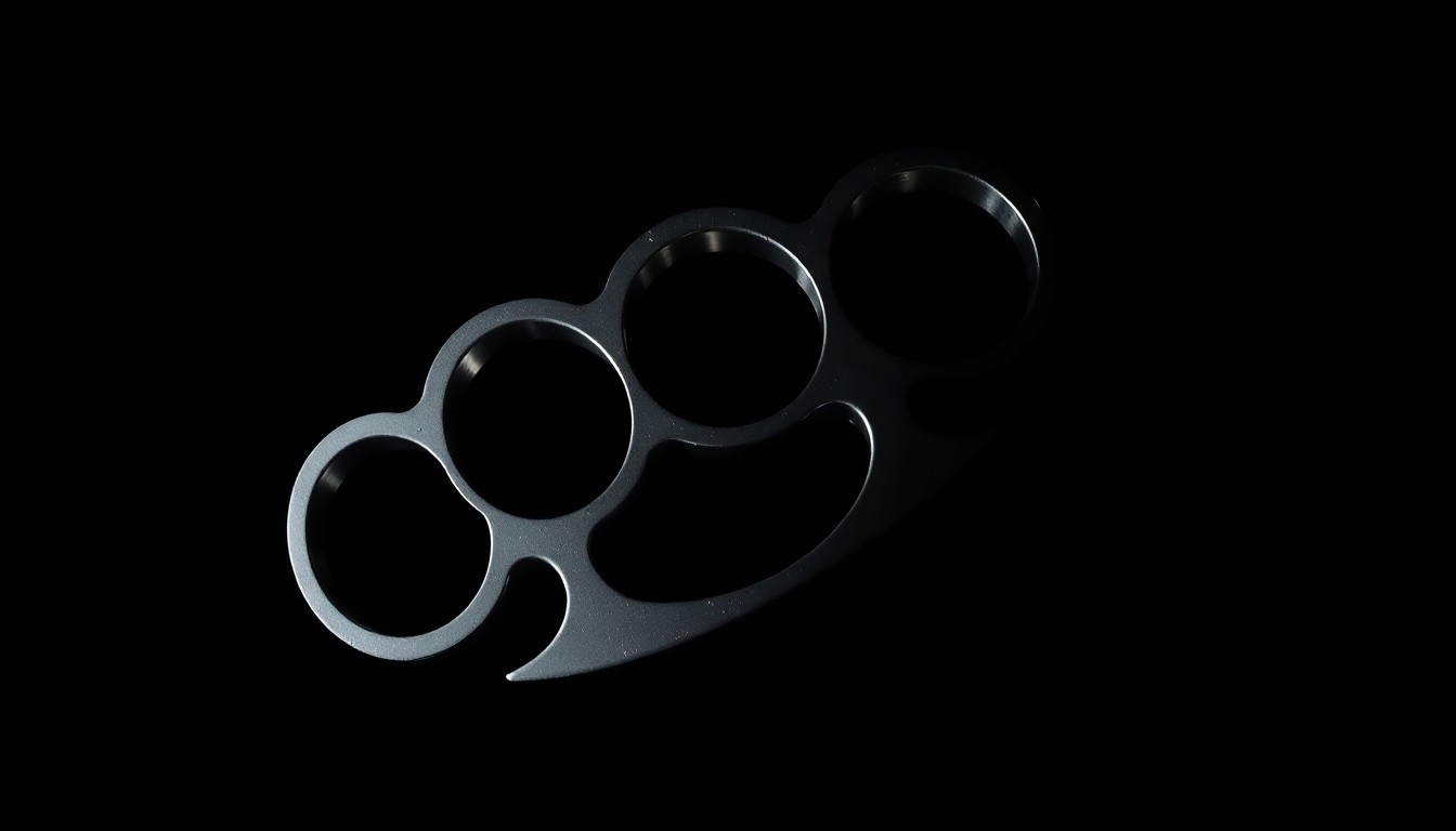 An extreme close-up of metal knuckles against a pitch-black background, lit by a harsh, direct camera flash, conceptually representing the violent nature of the crime without depicting any actual violence or victims.