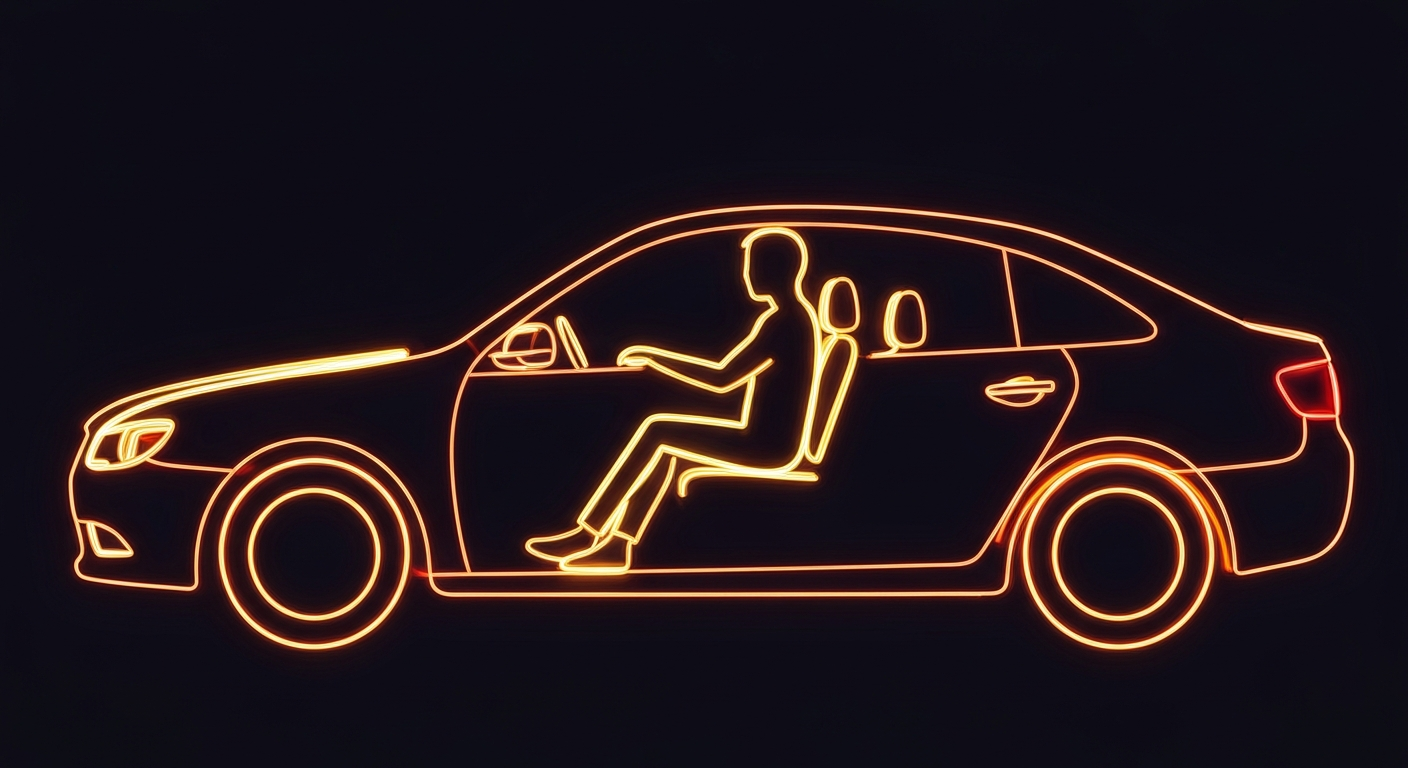 A minimalist, glowing neon outline of a person sitting in a car, the vehicle's shape defined by vibrant, pulsing lines against a dark background, conceptually representing the restorative power of a brief pause in one's vehicle.