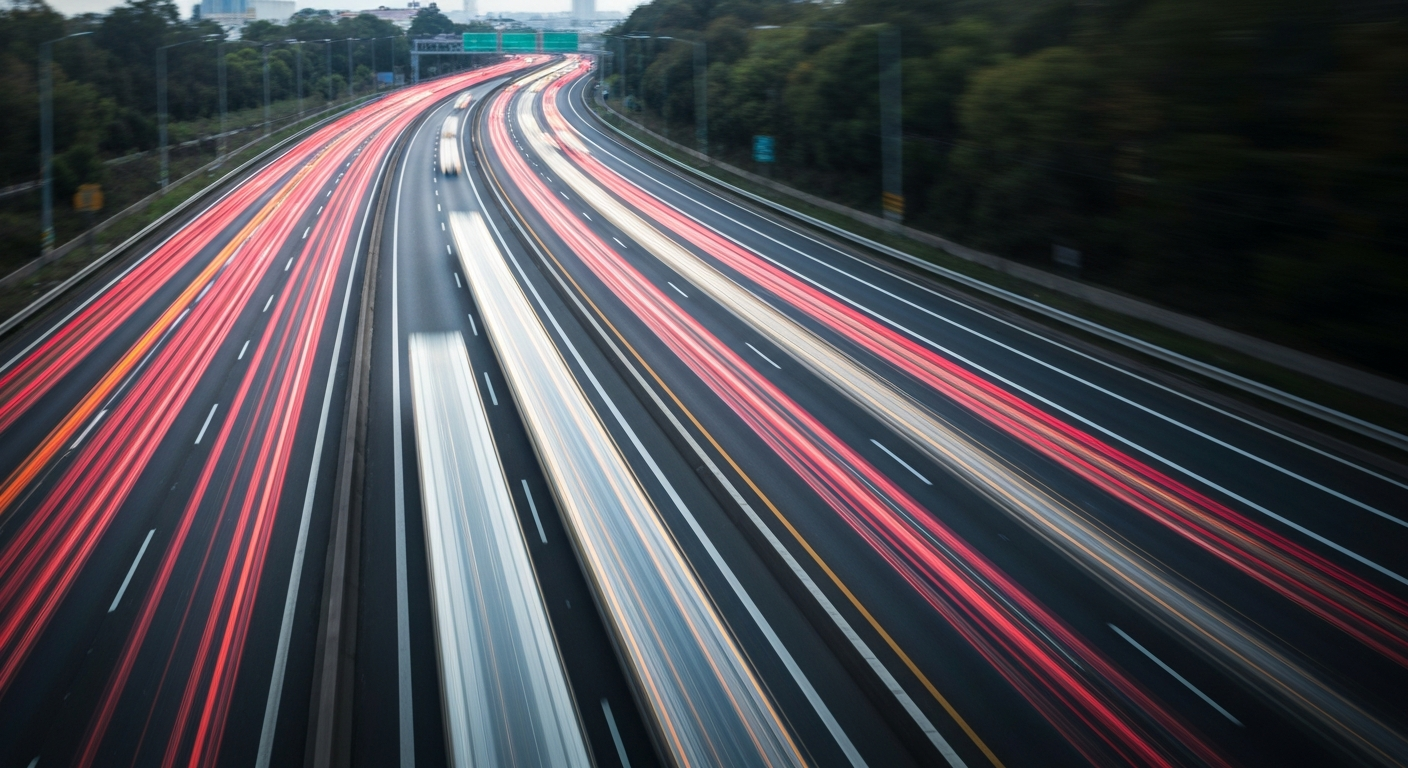 An abstract, impressionistic photograph depicting the blurred motion of multiple vehicles on a highway, conveying the sense of speed, traffic, and infrastructure in flux.