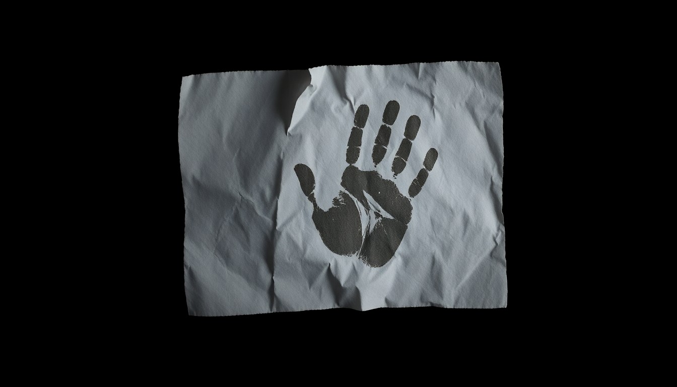 An extreme close-up photograph of a crumpled piece of paper with a faint handprint, conveying the hidden, disturbing nature of sexual assault allegations in a high school.