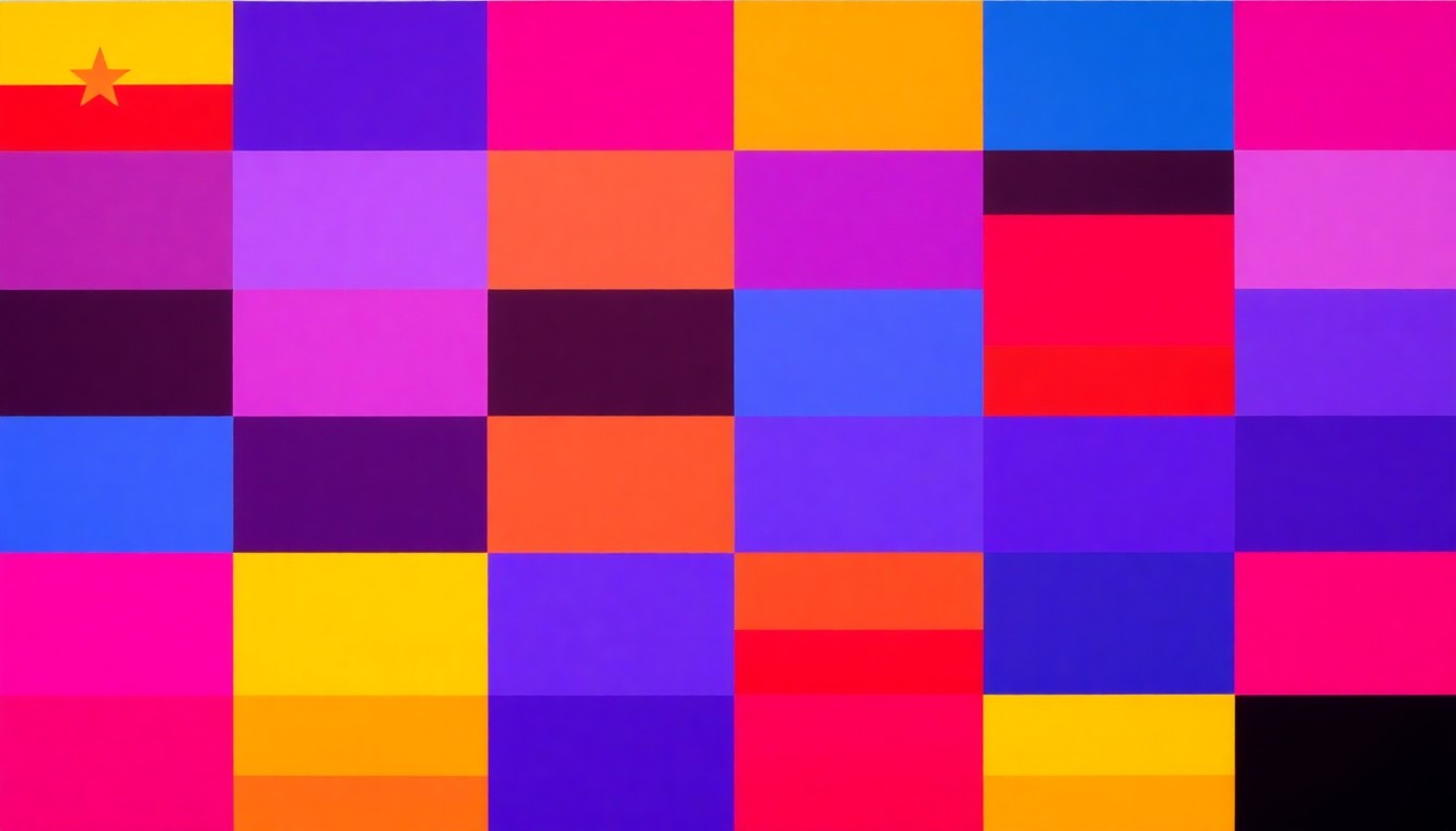 A vibrant, high-contrast silkscreen print of the Neurodiversity Flag, a multicolored design featuring overlapping shapes and patterns, repeated in a grid pattern to create a bold, pop art-inspired visual representation of the flag's growing significance.