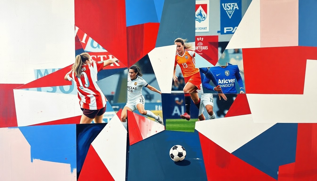 A cubist, geometric painting depicting a fragmented women's soccer match, with sharp planes of red, white, and blue representing the complex challenges of hosting the global tournament.