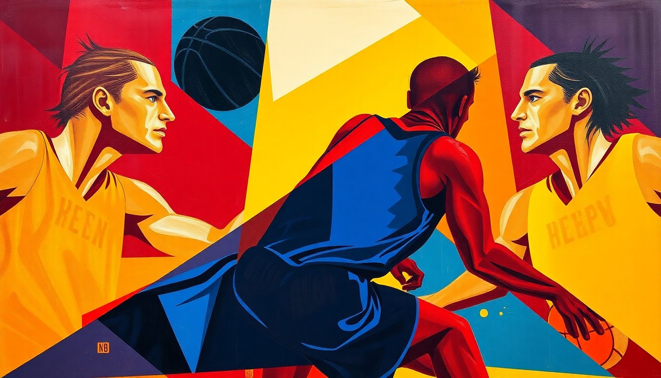A fragmented, cubist-style painting depicting the chaotic energy of a college basketball game, with the players' forms broken down into sharp, overlapping geometric shapes in a bold color palette.