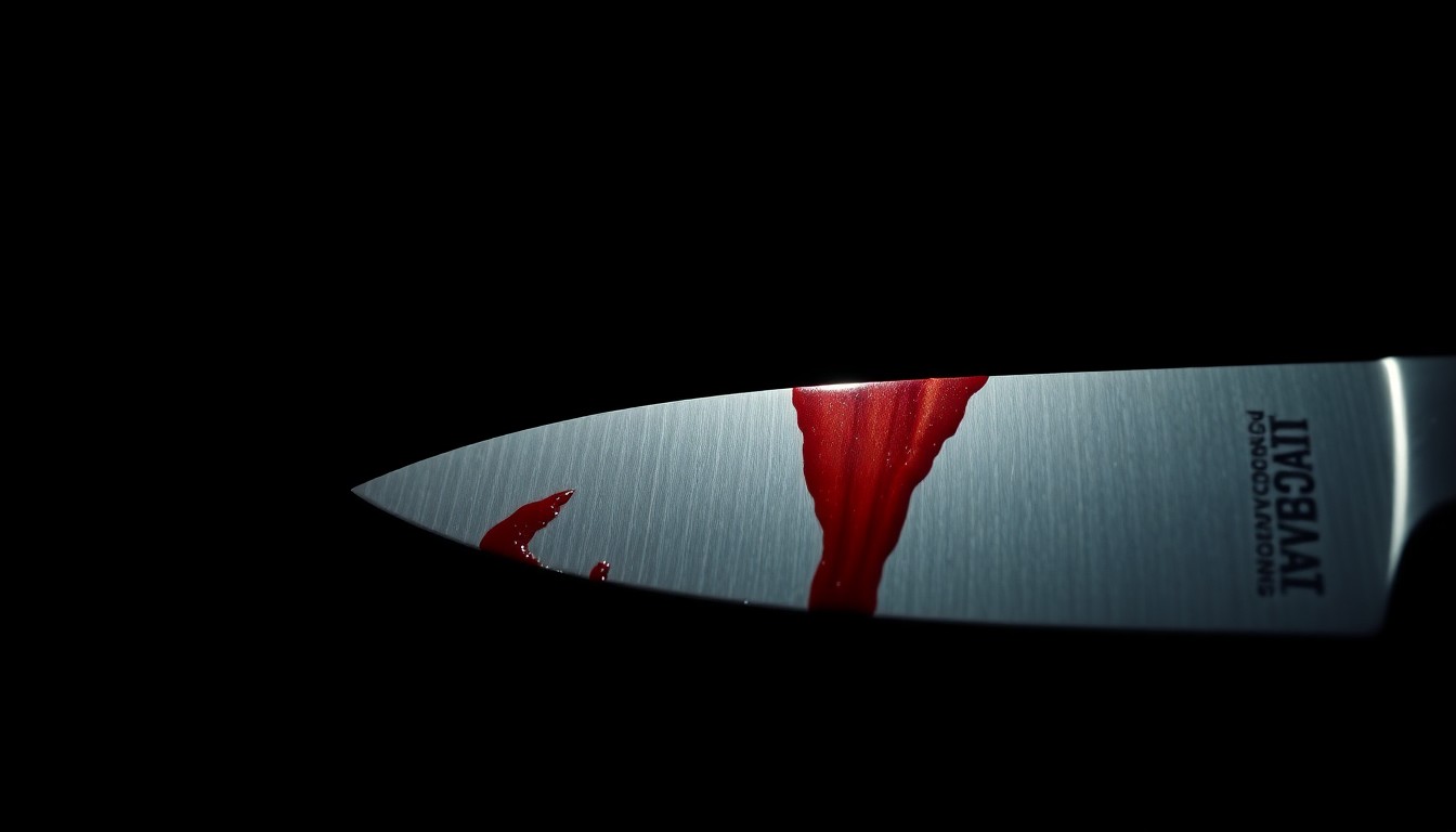 An extreme close-up of a kitchen knife with dried blood on the blade, photographed against a pitch-black background using harsh, direct flash lighting to create a stark, gritty, investigative aesthetic.