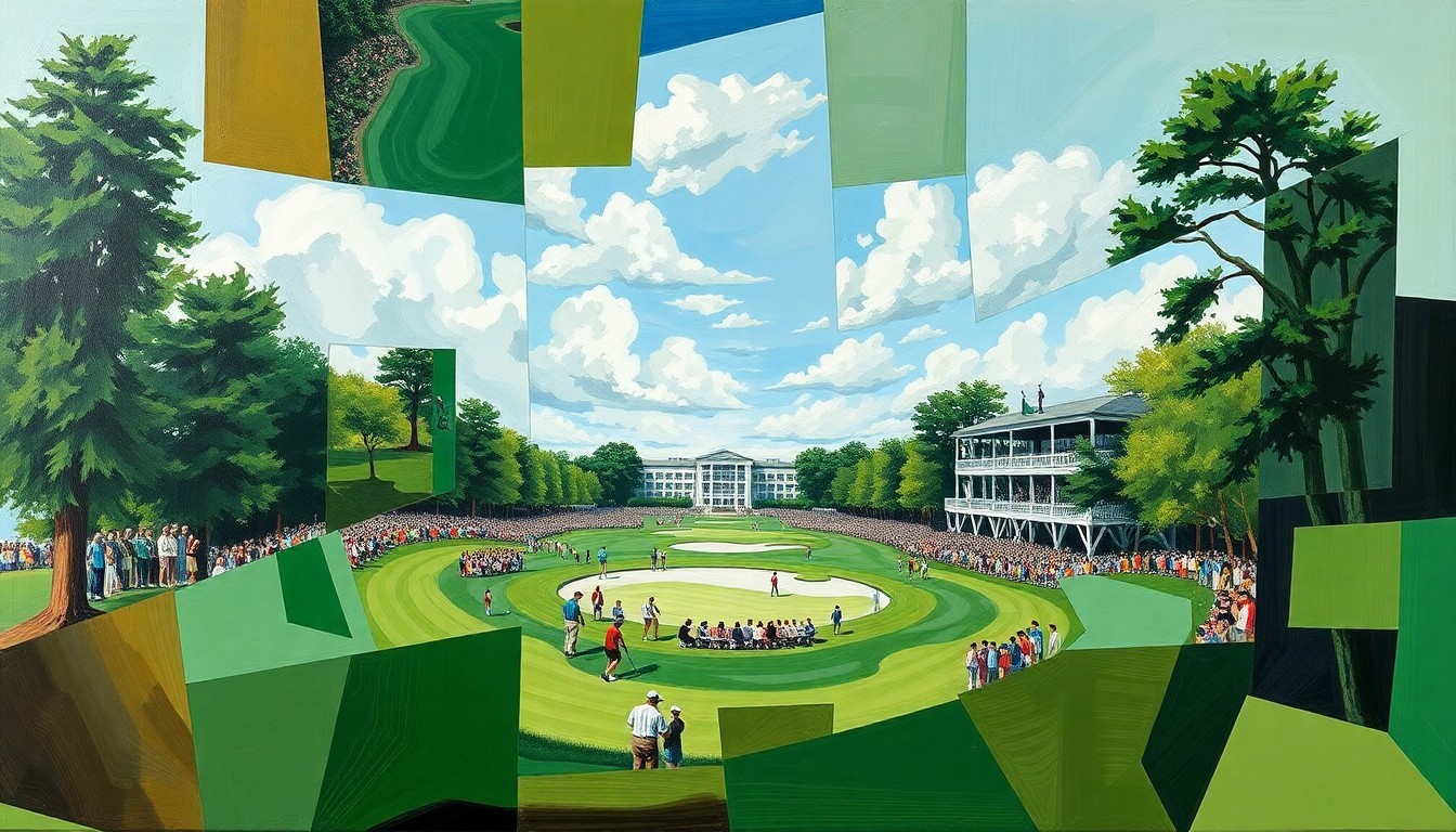 A cubist, geometric painting depicting a fragmented, multi-angled view of a golf tournament scene, with overlapping planes of color and shape representing the dynamic action and competition of the event.