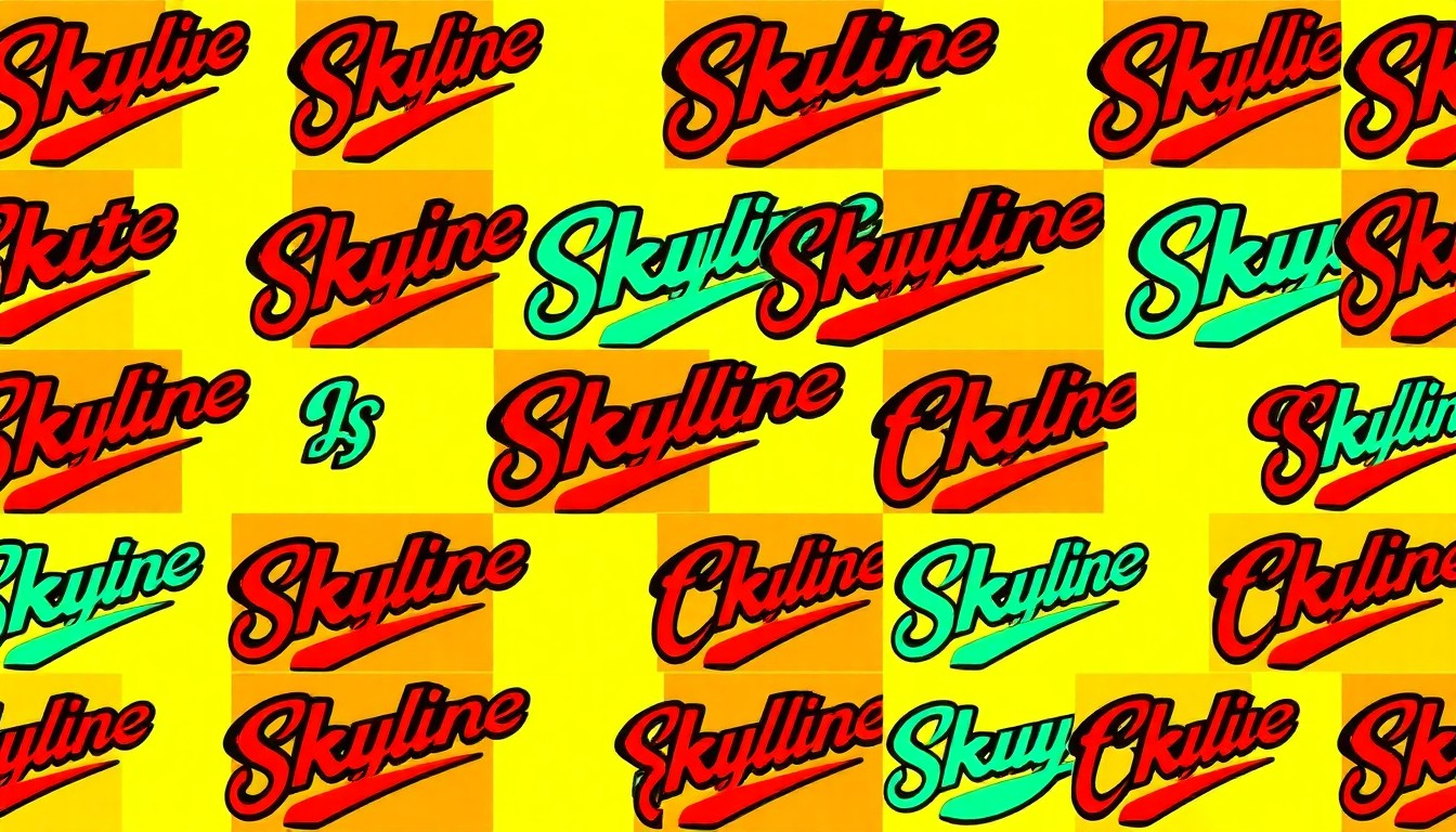 A vibrant, silkscreen-style illustration featuring the Skyline Chili logo repeated in a grid pattern, using bright, neon colors and heavy black outlines to transform the everyday brand into a work of modern pop art.