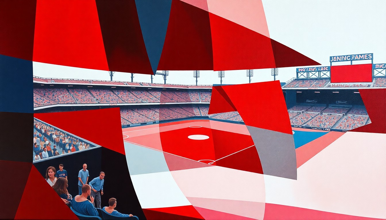 A cubist-style painting depicting a baseball game broken down into overlapping geometric shapes and planes in red, white, and blue, conveying the fragmented nature of the Reds' offense without their star player.