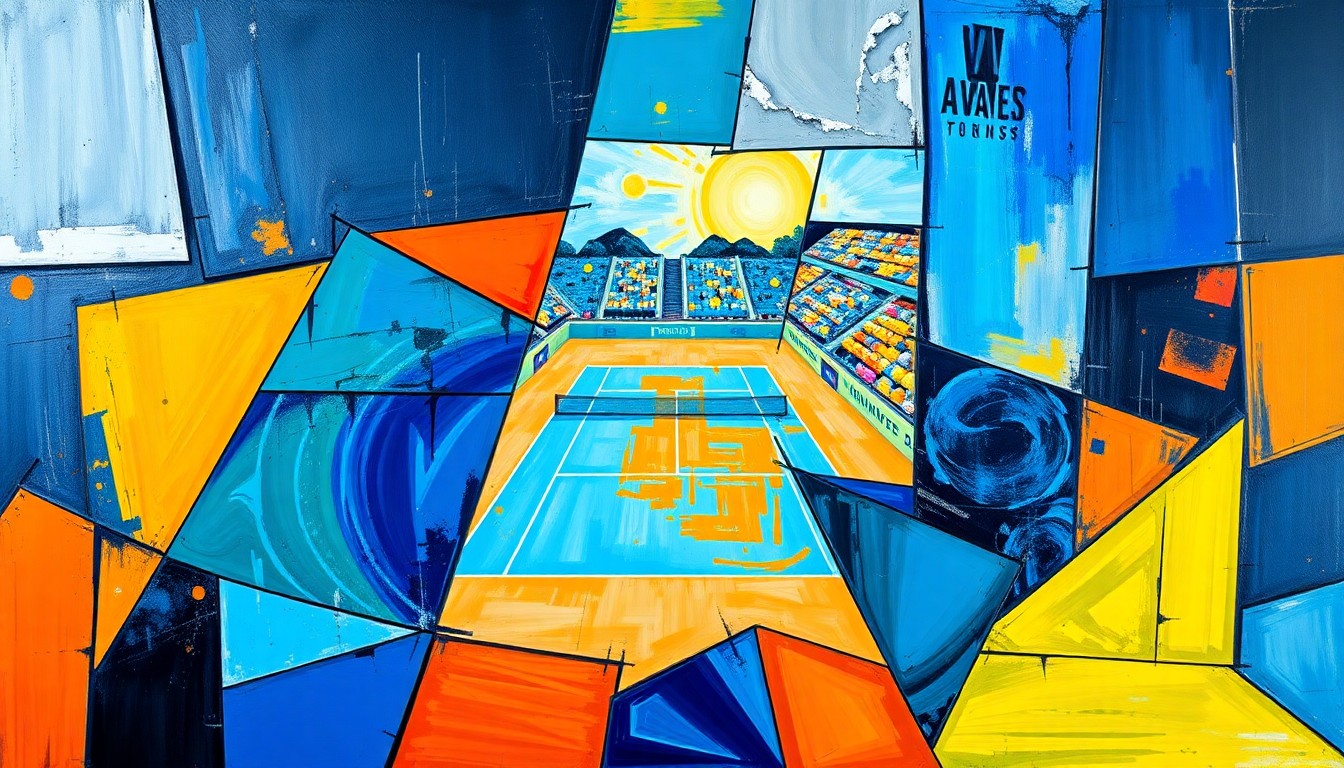 A cubist, geometric painting depicting a fragmented tennis match or tournament, with sharp planes of vibrant colors like electric blue, neon orange, and metallic silver, conceptually representing the energy and excitement of the record-breaking 2026 Miami Open.