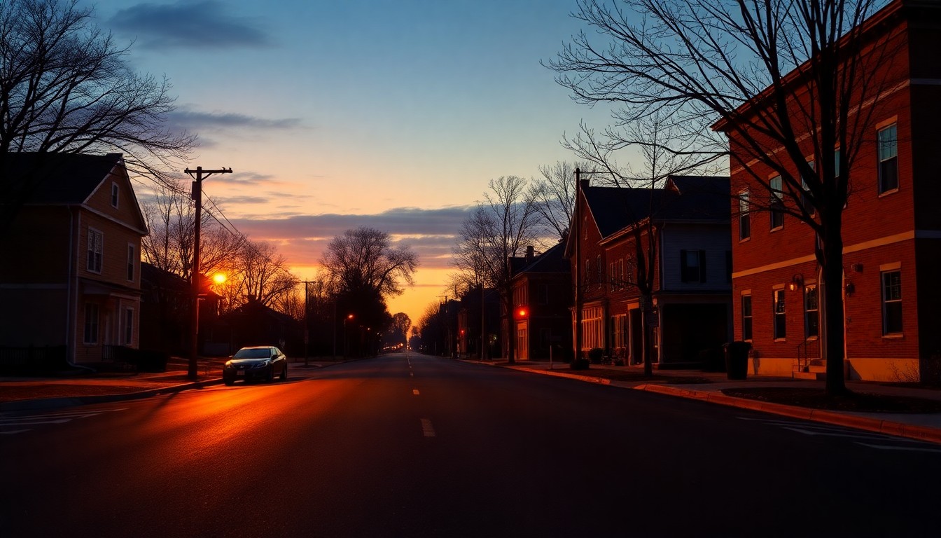 A serene, cinematic painting of a deserted Charlottesville street at dusk, with warm sunlight and deep shadows creating a contemplative, nostalgic mood.