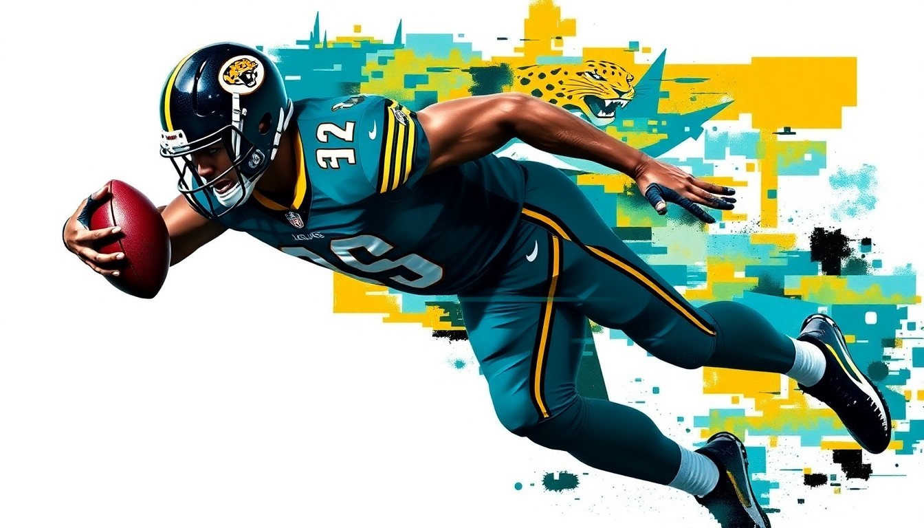 A fragmented, cubist-style painting depicting a football player in mid-motion, with sharp geometric planes in teal, gold, and black representing the Jacksonville Jaguars' colors.