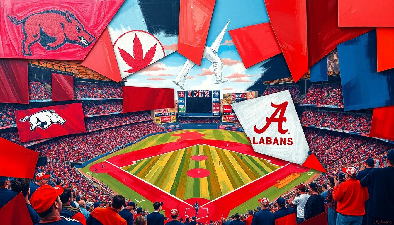 A fragmented, cubist-style painting depicting the action of a college baseball game, with the players and field broken down into sharp, overlapping geometric shapes in shades of red, blue, and navy.