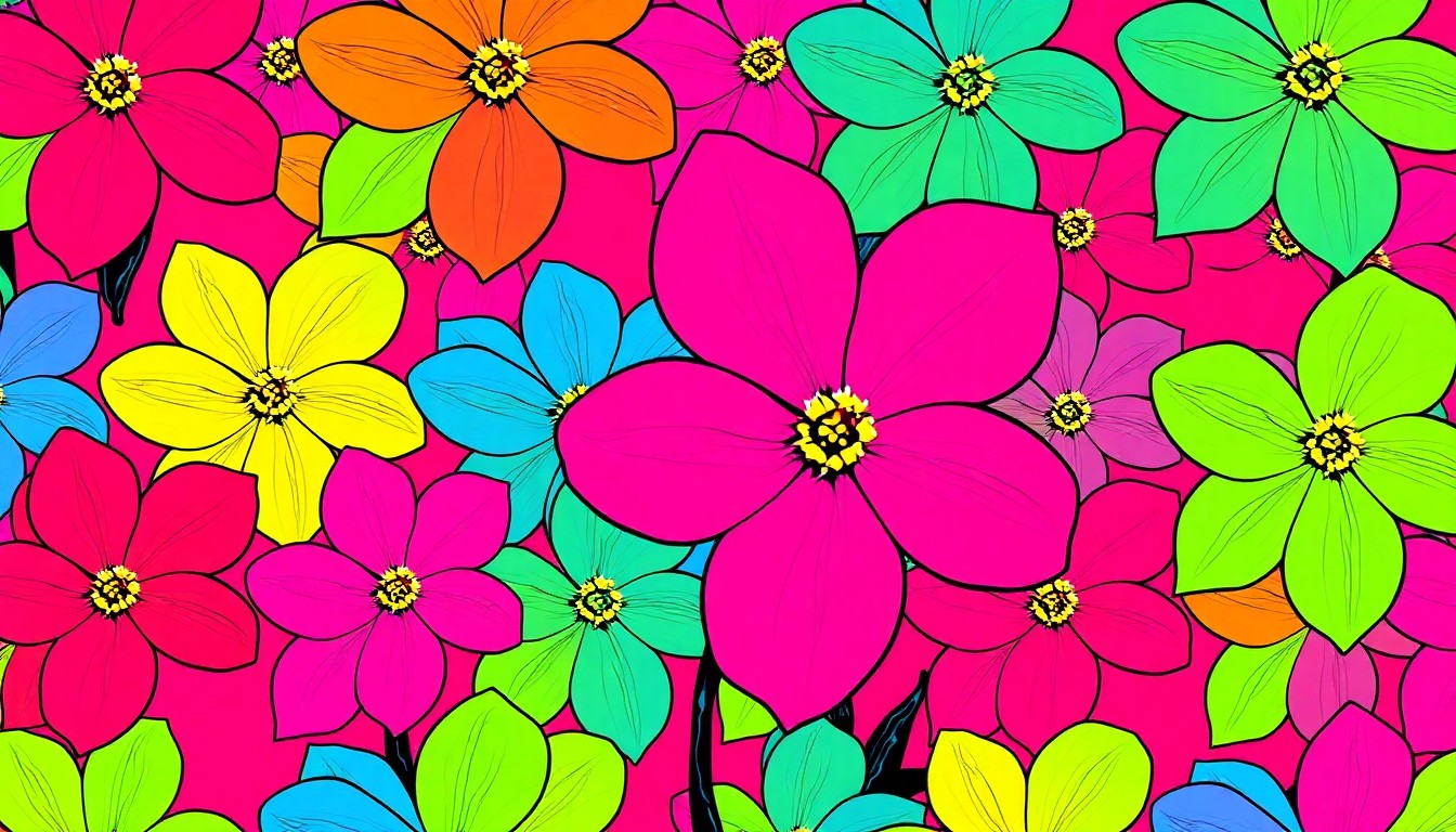 A bold, abstract silkscreen print featuring a repeating pattern of stylized dogwood flowers in neon pink, orange, and blue hues against a black background, creating a modern pop art interpretation of this Atlanta icon.