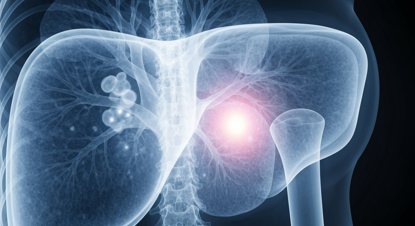 A translucent X-ray photograph showing the internal structure of a human liver, with a large, glowing tumor visible against the darker surrounding tissue, conveying the medical challenges faced by the late Eric Tennant.