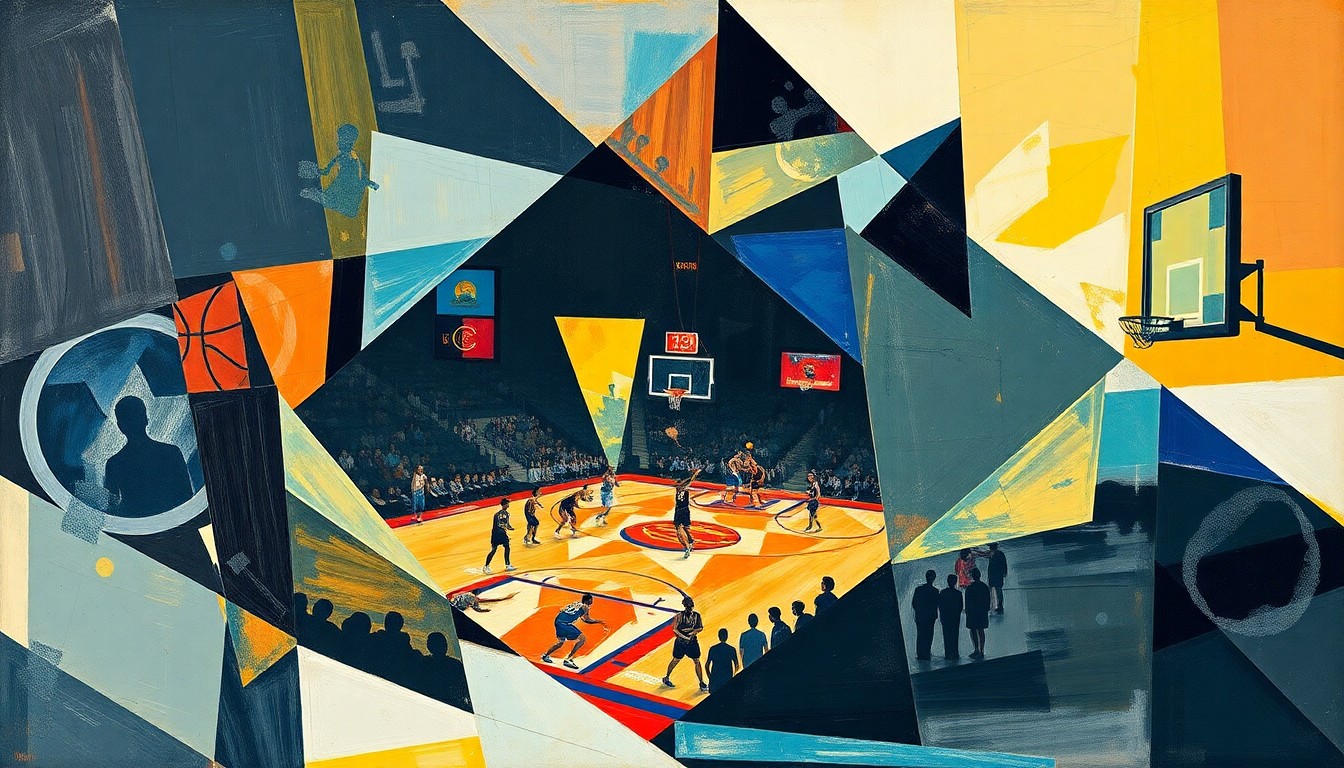 A fragmented, geometric painting depicting a basketball game, with overlapping shapes and planes representing the dynamic action on the court.