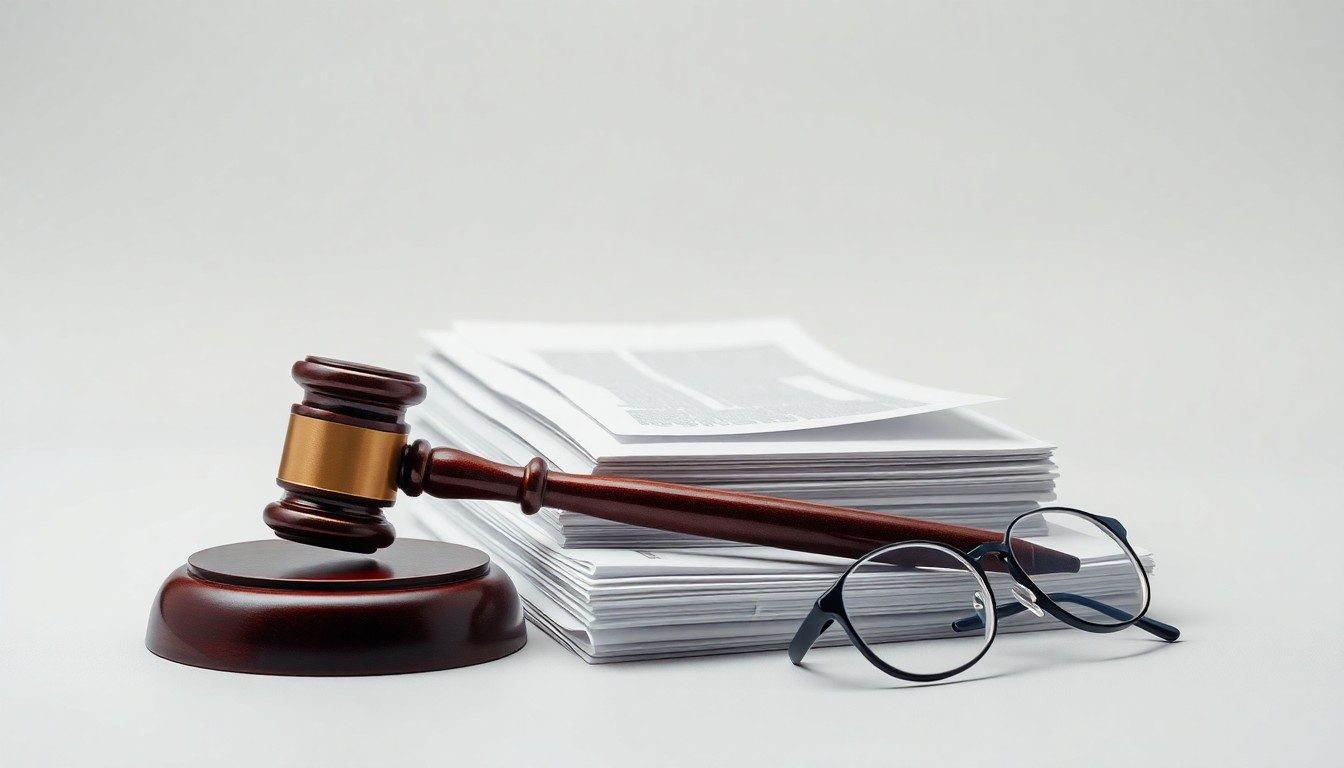 A minimalist studio still life photograph featuring a stack of legal documents, a gavel, and a pair of reading glasses arranged elegantly on a clean, monochromatic background, conceptually representing the abstract corporate strategy and legal risks surrounding the prediction market industry.