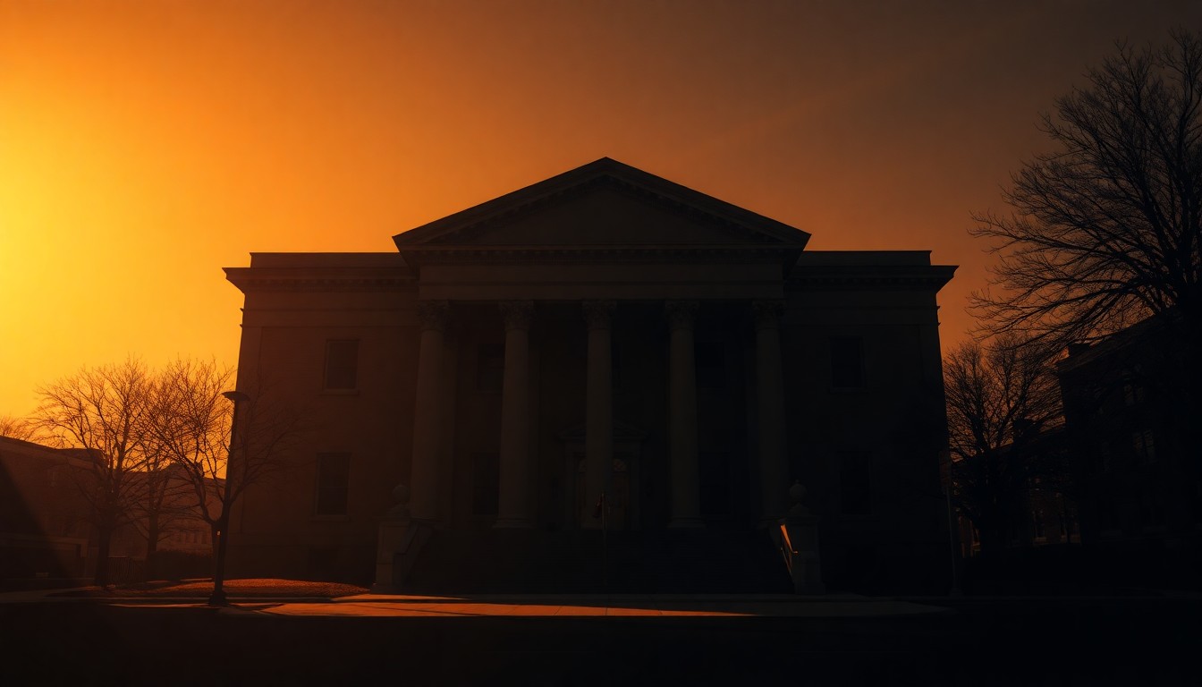 A photorealistic painting of a dimly lit federal courthouse in a Midwestern city, with warm diagonal sunlight and deep shadows creating a contemplative, cinematic mood.