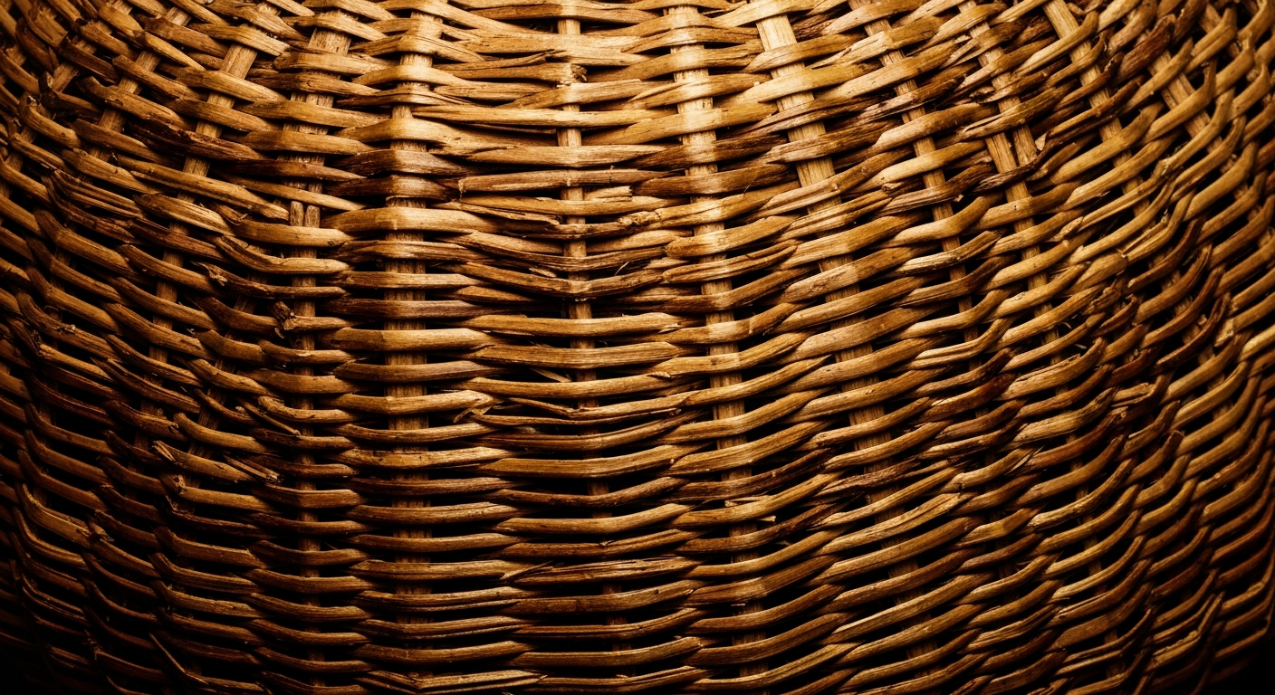 An extreme close-up of a traditional Patawomeck woven basket, showcasing the intricate textures and patterns in a dramatic chiaroscuro lighting, conceptually representing the timeless craftsmanship and cultural legacy of the tribe.
