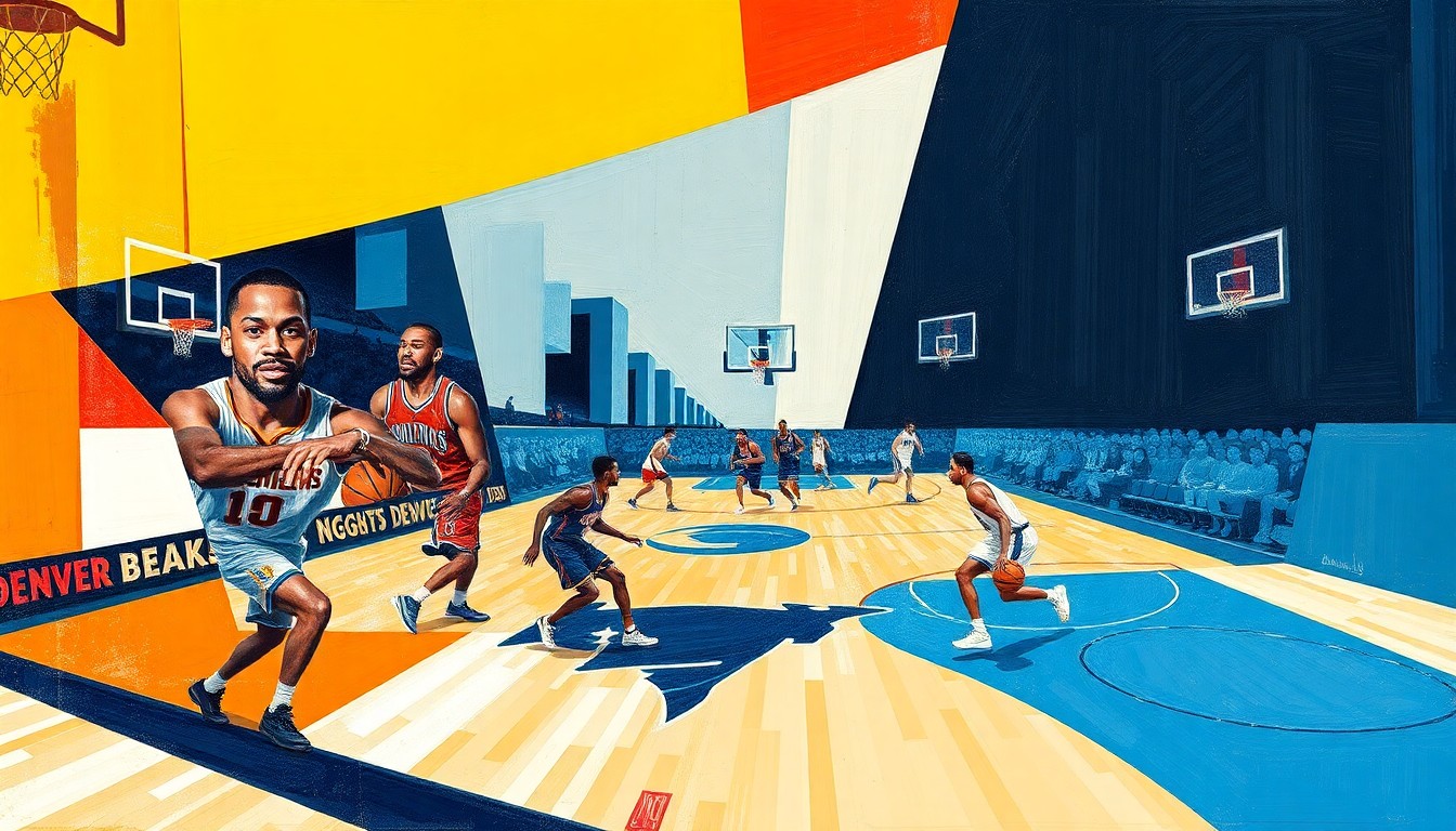 A cubist, geometric painting depicting a basketball game in motion, with the players and court rendered in sharp, overlapping planes of color and shape.