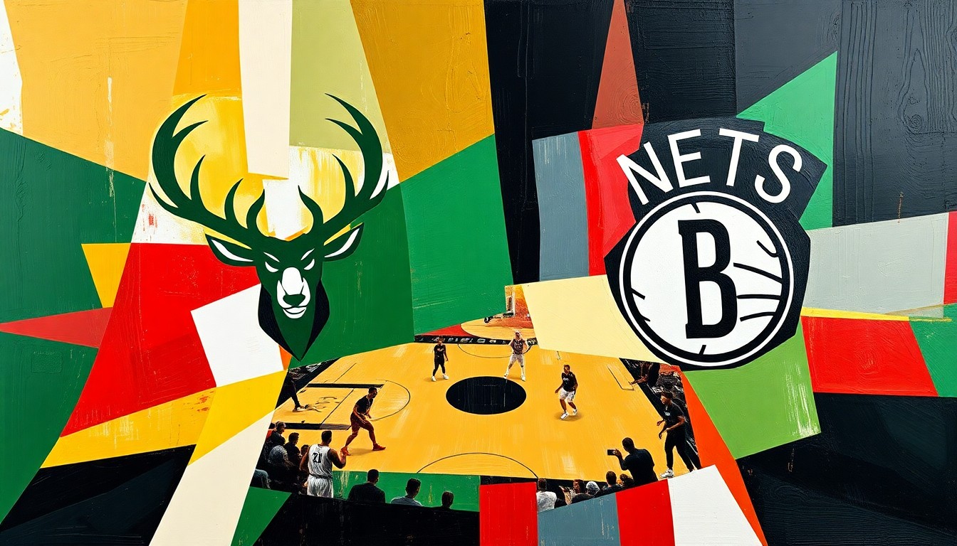 A fractured, cubist-style painting depicting a basketball game between the Milwaukee Bucks and Brooklyn Nets, with the players and court broken down into sharp, overlapping geometric shapes and planes in the teams' vibrant colors.