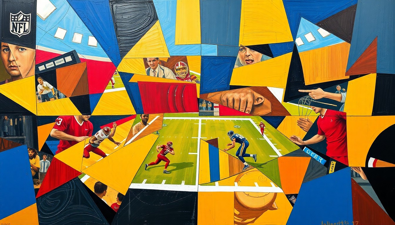 A fragmented, cubist-style painting depicting various football elements like players, balls, and field lines, all broken down into sharp geometric shapes and planes of vibrant colors, conceptually representing the strategic analysis of NFL draft prospects.