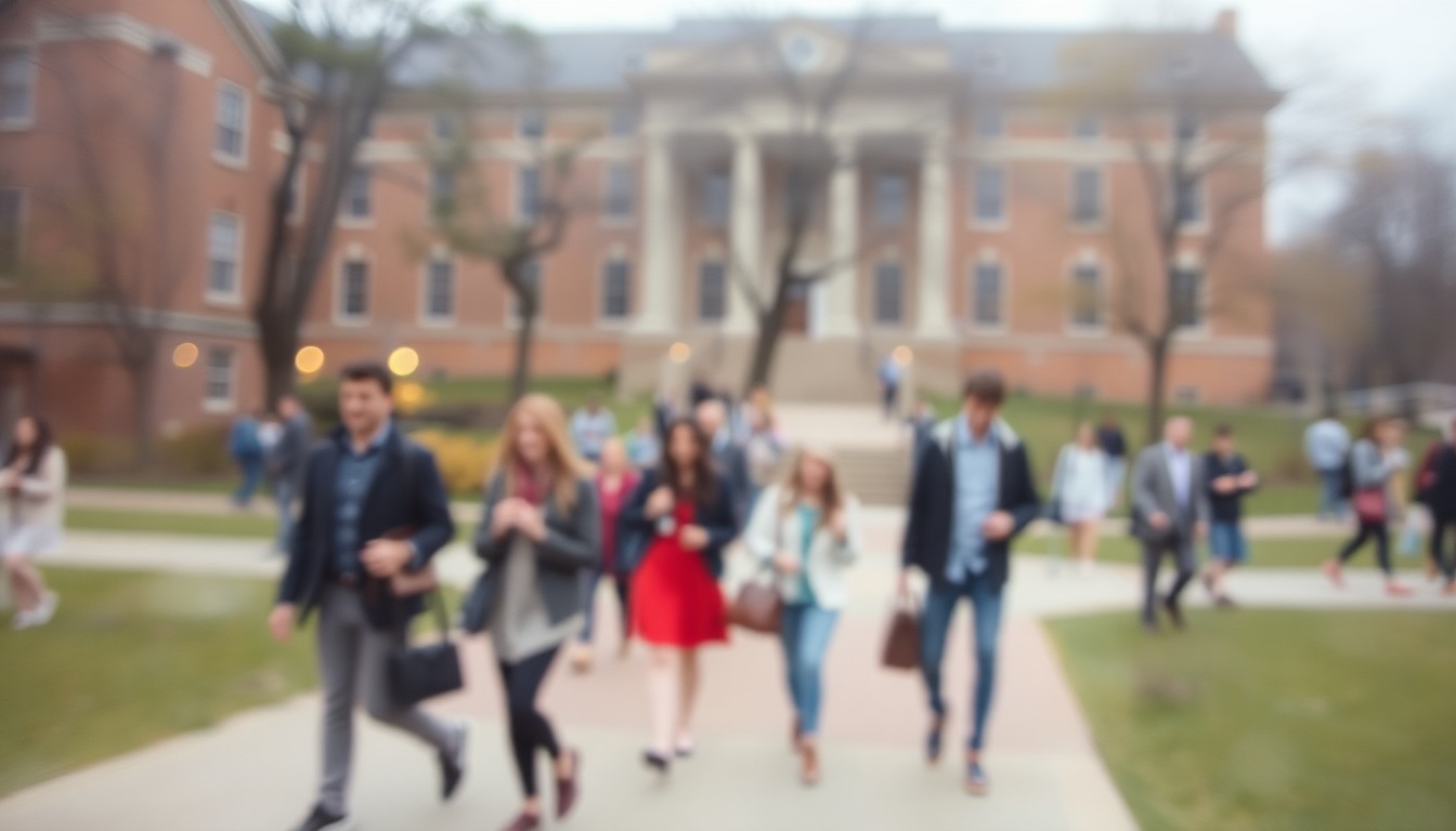 An abstract, impressionistic photograph of a blurred university campus scene, with indistinct figures of students and faculty walking across a grassy quad, conveying a sense of academic community and campus life.