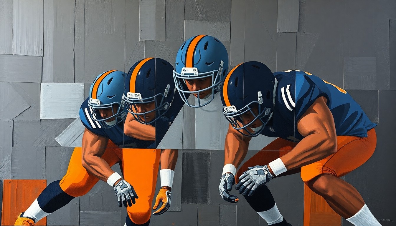 A fractured, cubist-style painting depicting the abstract shapes and angles of a football offensive line, conveying the strategic complexity of the Browns' potential trade and draft decisions.