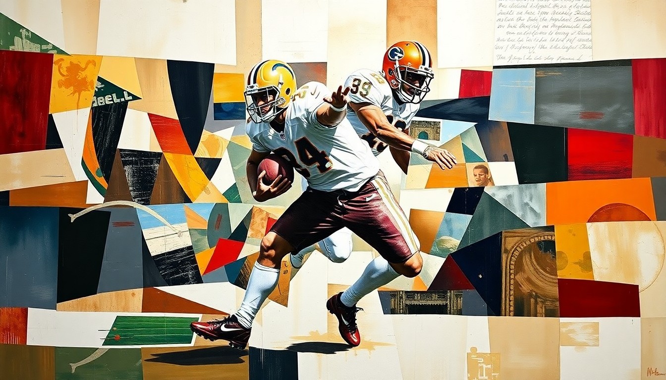 A fragmented, cubist-style painting depicting a football player in motion, with sharp, overlapping geometric shapes and planes representing the dynamic nature of the sport.