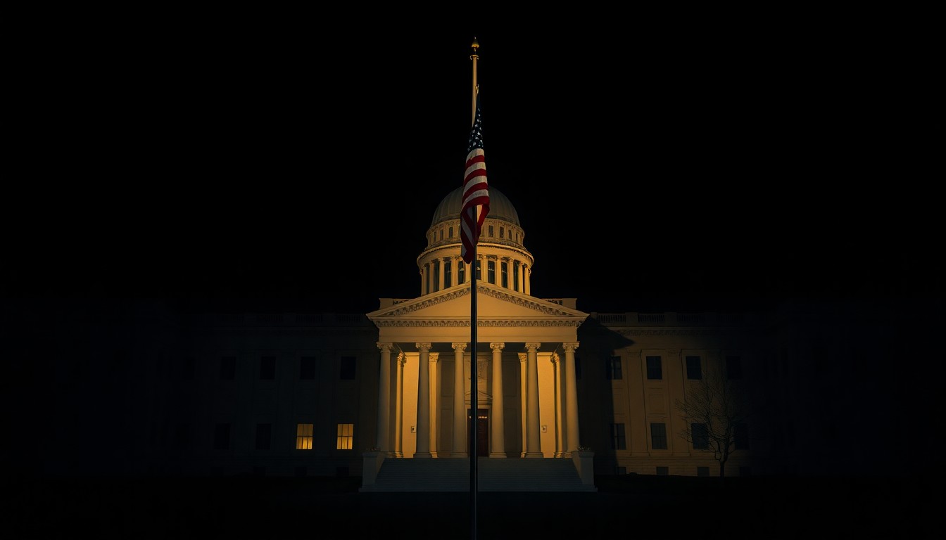 A cinematic painting of a solitary American flag pole standing tall against the backdrop of a dimly lit, empty government building, the scene bathed in warm, diagonal sunlight and deep shadows, conveying a sense of political tension and division.
