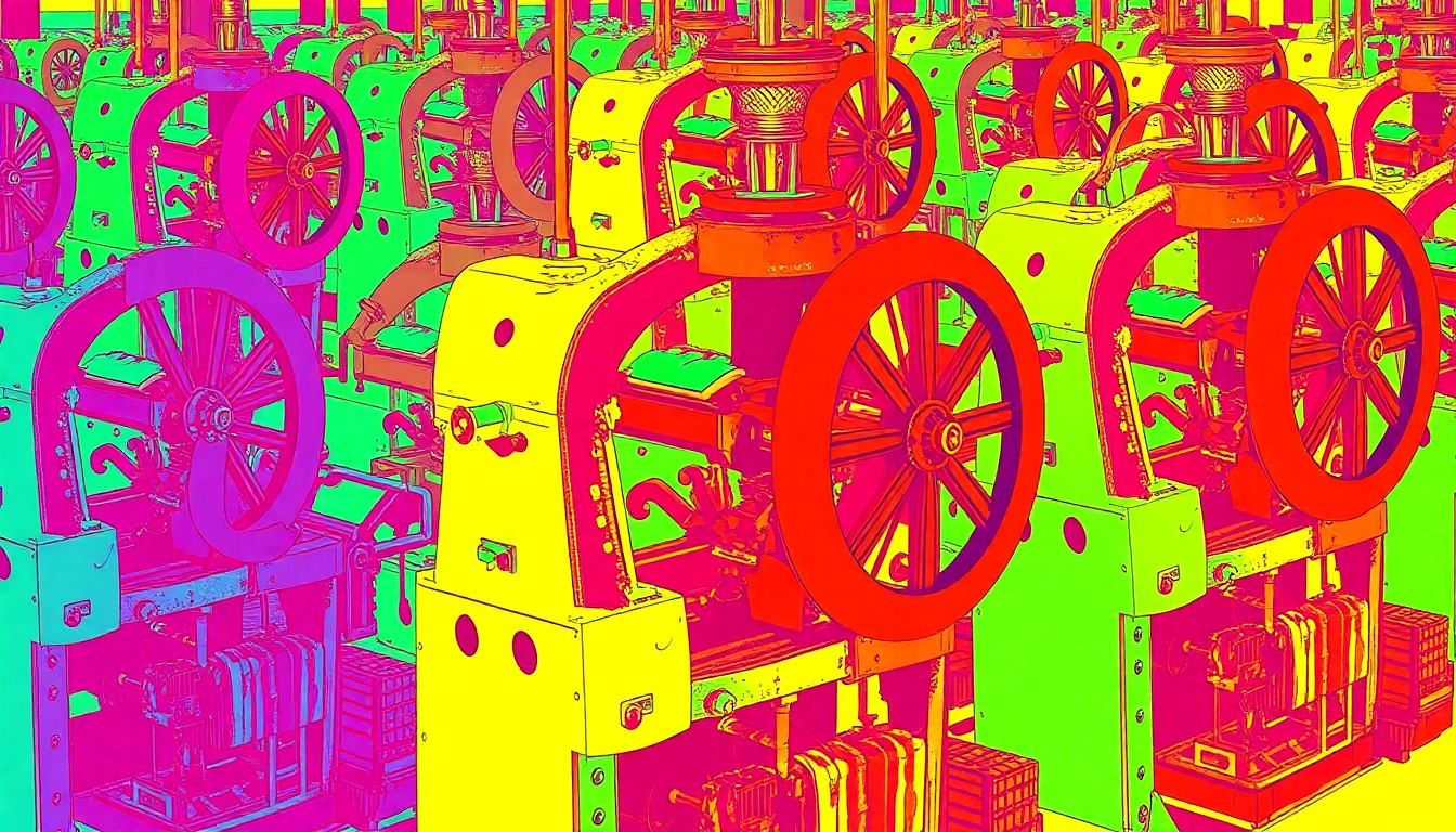 A brightly colored, high-contrast silkscreen print of a vintage textile factory machine, such as a spinning wheel or loom, repeated in a tight grid pattern, conceptually representing Elizabethton's industrial past.