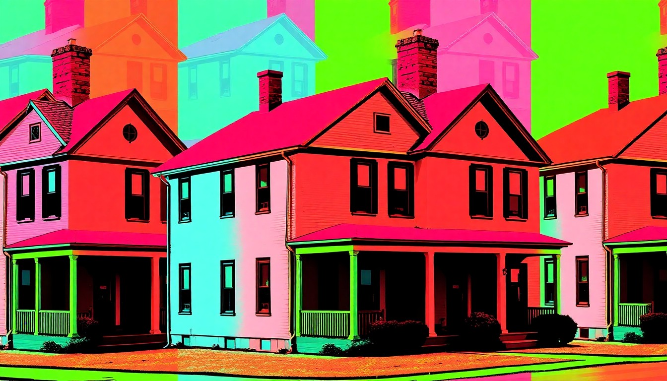 A brightly colored, high-contrast silkscreen print of the Gallup House, a historic home in Jefferson, Iowa, repeated in a tight grid pattern with vibrant neon colors and heavy black outlines, conceptually representing the iconic status of this local landmark.
