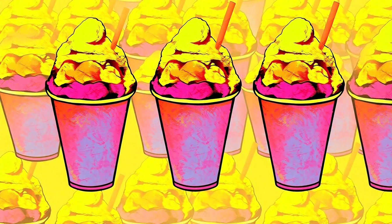 A brightly colored, high-contrast silkscreen print of a single, iconic snow cone cup repeated in a tight grid pattern, capturing the playful and nostalgic spirit of the Doodles Sno Shack reopening.