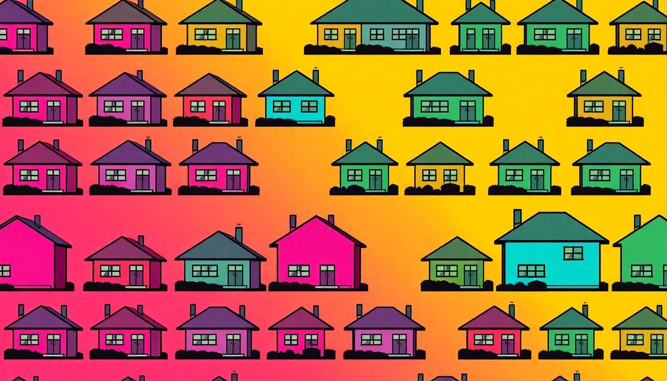 A bold, colorful silkscreen illustration featuring a simple single-family home design repeated in a grid pattern, capturing the vibrant energy and accessibility of the city's new affordable housing initiative.