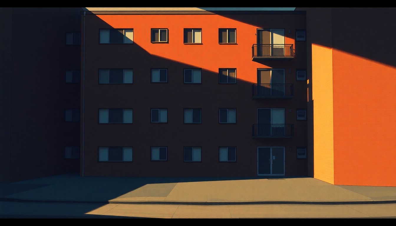 A photorealistic painting of a multi-story apartment building in warm, golden sunlight, with deep shadows across the facade, conveying a sense of solitude and quiet contemplation around the legal and regulatory issues impacting affordable housing.