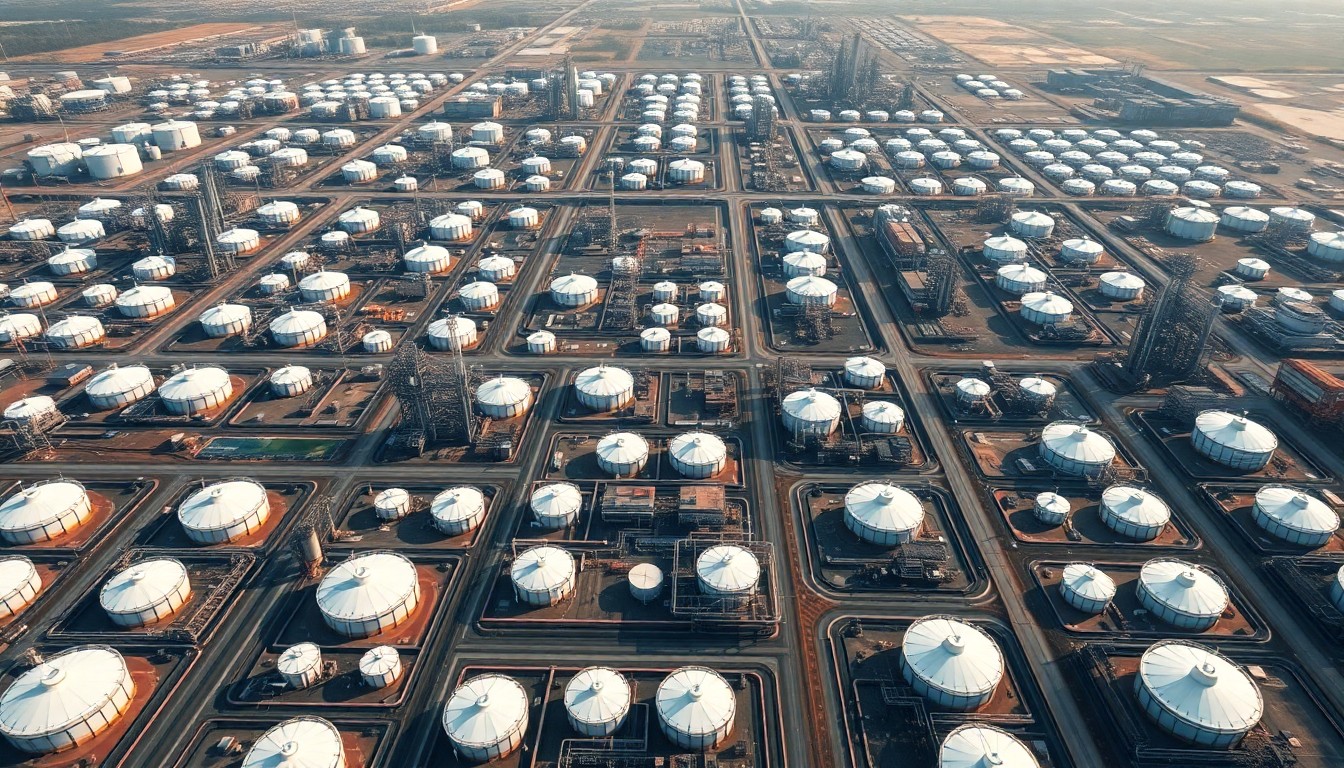 An extreme aerial photograph of an oil refinery complex, with countless identical storage tanks and processing units arranged in a precise geometric grid, conveying the massive scale and repetitive nature of the global energy infrastructure.