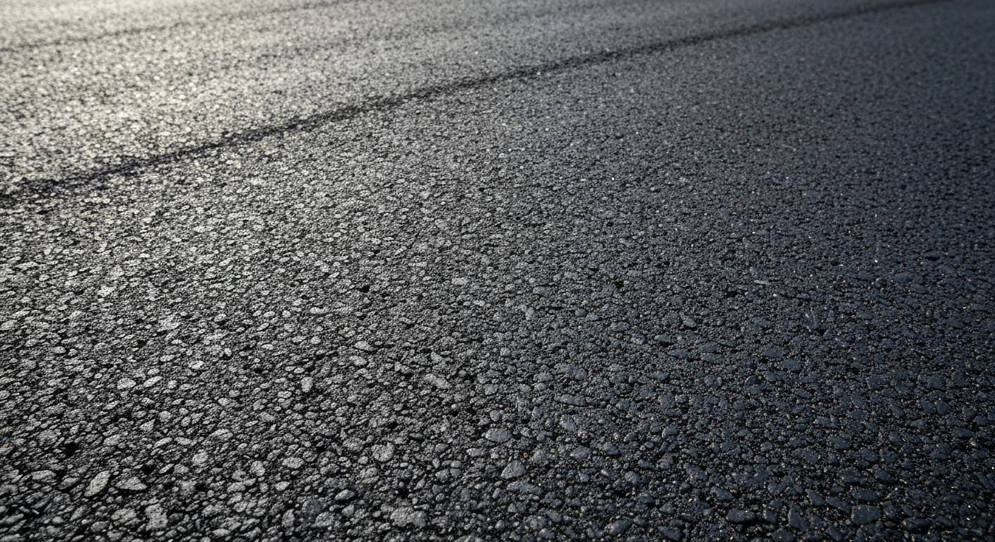 An extreme close-up of the textured surface of freshly laid asphalt, with subtle variations in the black and grey tones, conceptually representing the infrastructure repair work taking place on Roosevelt Boulevard.