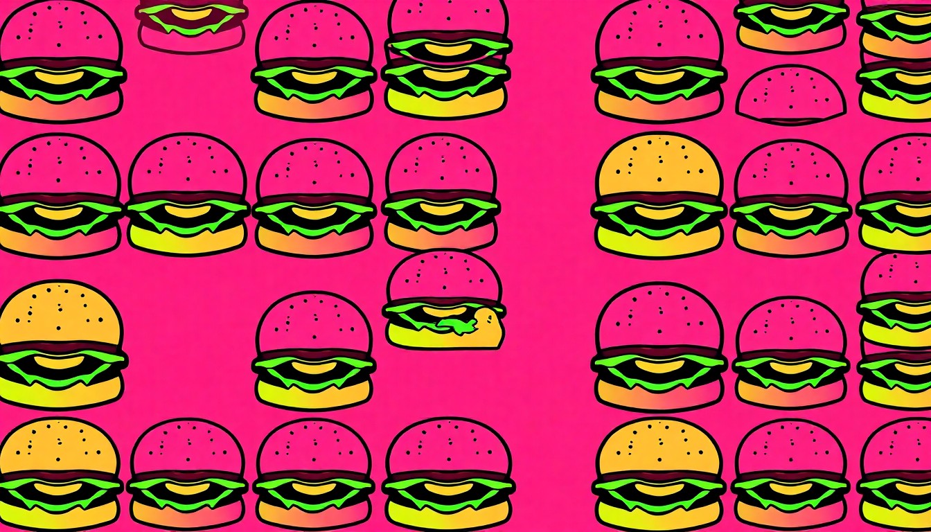 A bold, colorful silkscreen illustration featuring a single, iconic burger icon repeated in a tight grid pattern, rendered in a vibrant neon color palette with heavy black outlines to capture the pop art spirit of the new Wayback Burgers location in Waukee, Iowa.