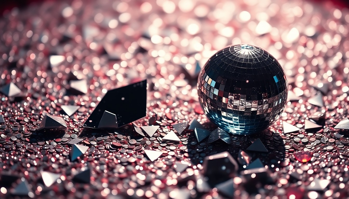 An extreme close-up of shimmering sequins and shattered glass reflecting dramatic studio lighting, conveying the glamorous, high-fashion mood of a red carpet celebration.