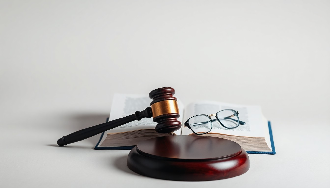 A photorealistic studio still life featuring a gavel, a law book, and a pair of eyeglasses arranged elegantly on a clean, monochromatic background, conceptually representing the abstract concepts of law, litigation, and intellectual property.