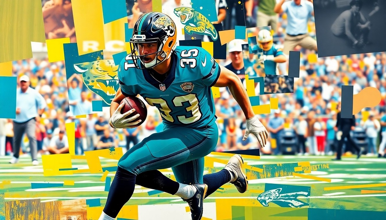 A fractured, cubist-style painting depicting a football player in motion, with sharp geometric planes of teal, gold, and black representing the Jacksonville Jaguars' colors. The abstract, deconstructed style captures the dynamic energy of the sport.