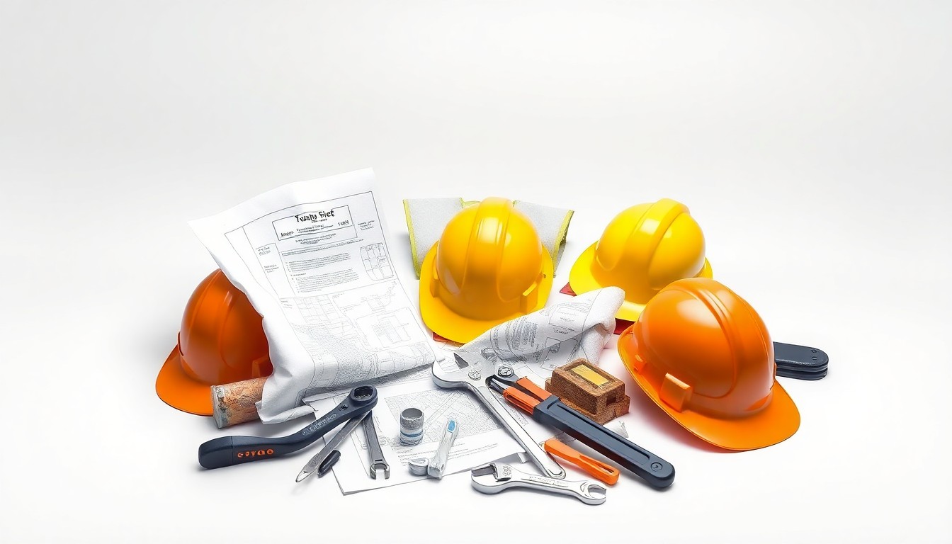 A photorealistic studio still life featuring construction materials and tools arranged in an elegant, minimalist composition, conceptually representing the progress of the St. Louis Street construction project.