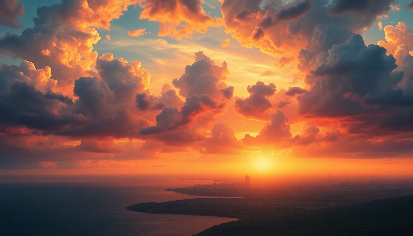 A sweeping, atmospheric landscape painting depicting a dramatic sunrise over the waters of Tampa Bay, with the city's skyline barely visible in the distance, dwarfed by the vibrant colors and powerful cloud formations in the sky.