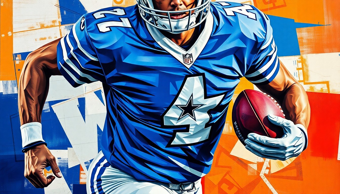 A cubist, geometric painting depicting a Dallas Cowboys football player in motion, with sharp, overlapping planes of color representing the team's signature blue and silver hues.