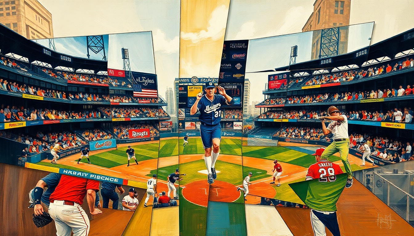 A cubist, geometric painting depicting a baseball game or match, with players and field elements broken down into sharp, overlapping planes of color and shape, conveying the strategic complexity and intensity of SEC baseball.