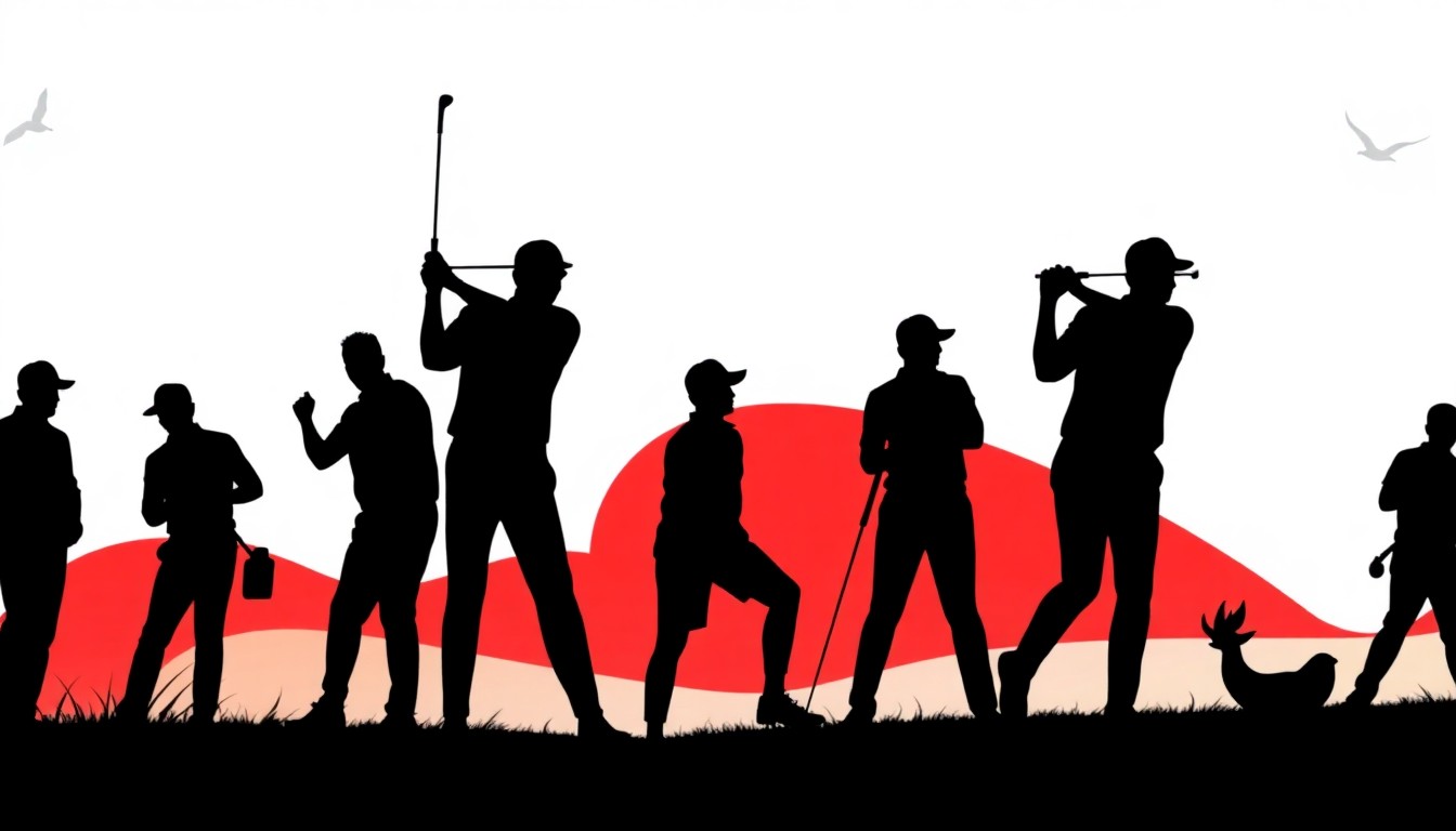 A striking, abstract composition of bold, jagged black silhouettes and solid red and white shapes, conceptually representing the energy and spirit of a celebrity charity golf event.