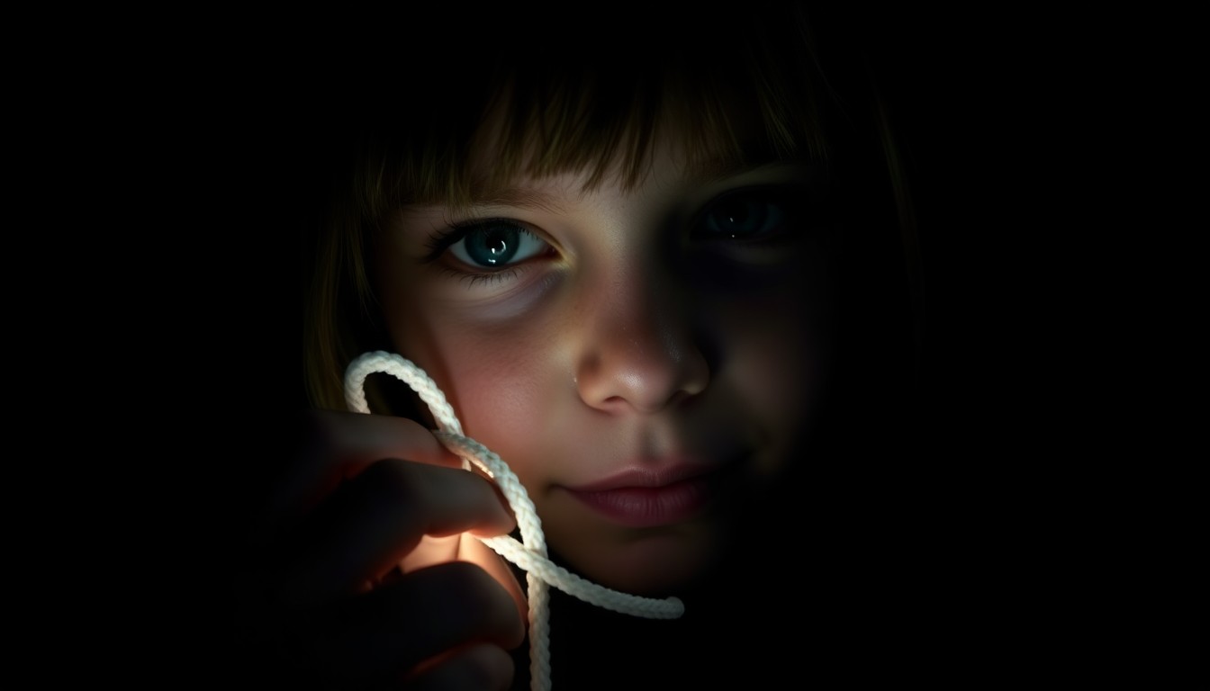 An extreme close-up photograph of a young girl's personal item, such as a hairclip or shoelace, lit by a harsh, direct camera flash against a pitch-black background, conveying a stark, gritty, investigative mood around the search for a missing teenager.