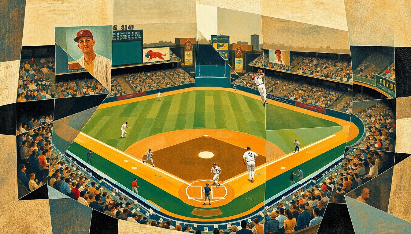 An abstract, cubist painting depicting a baseball game broken down into sharp, overlapping geometric shapes and planes in earthy tones, conceptually representing the strategic and dynamic nature of the sport.