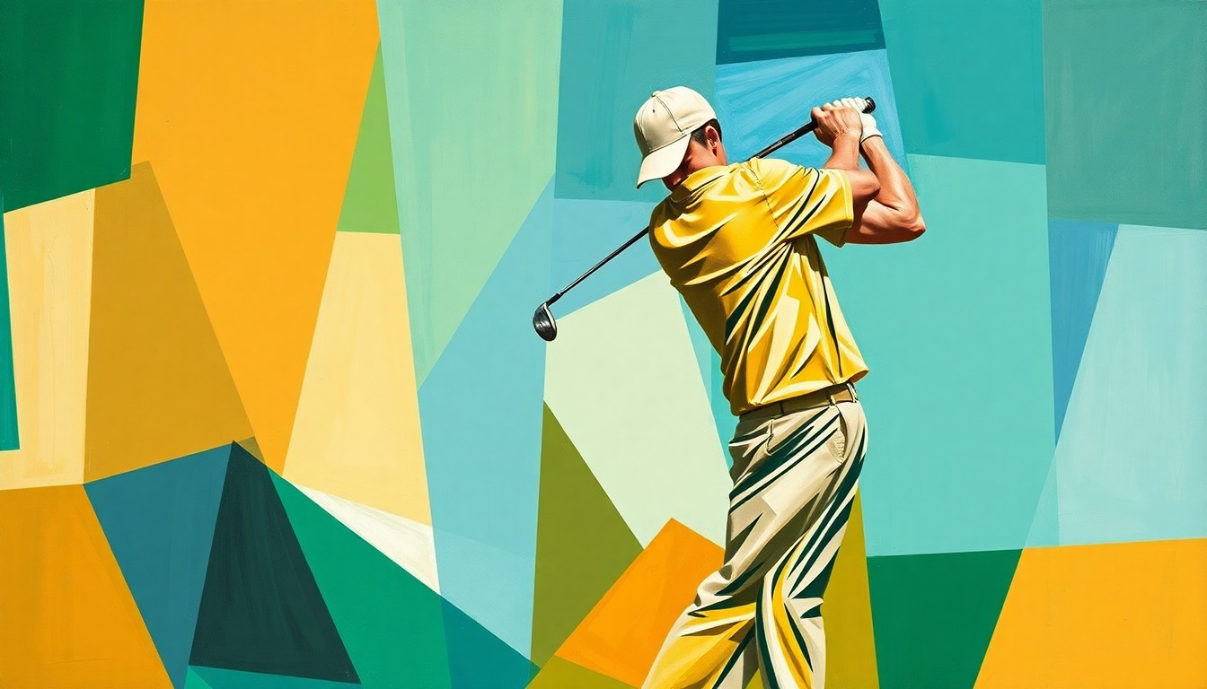 A cubist-style painting depicting a golfer's swing broken down into overlapping geometric shapes in shades of green, blue, and ochre, conveying the sport's dynamic energy and Scheffler's philanthropic mindset.