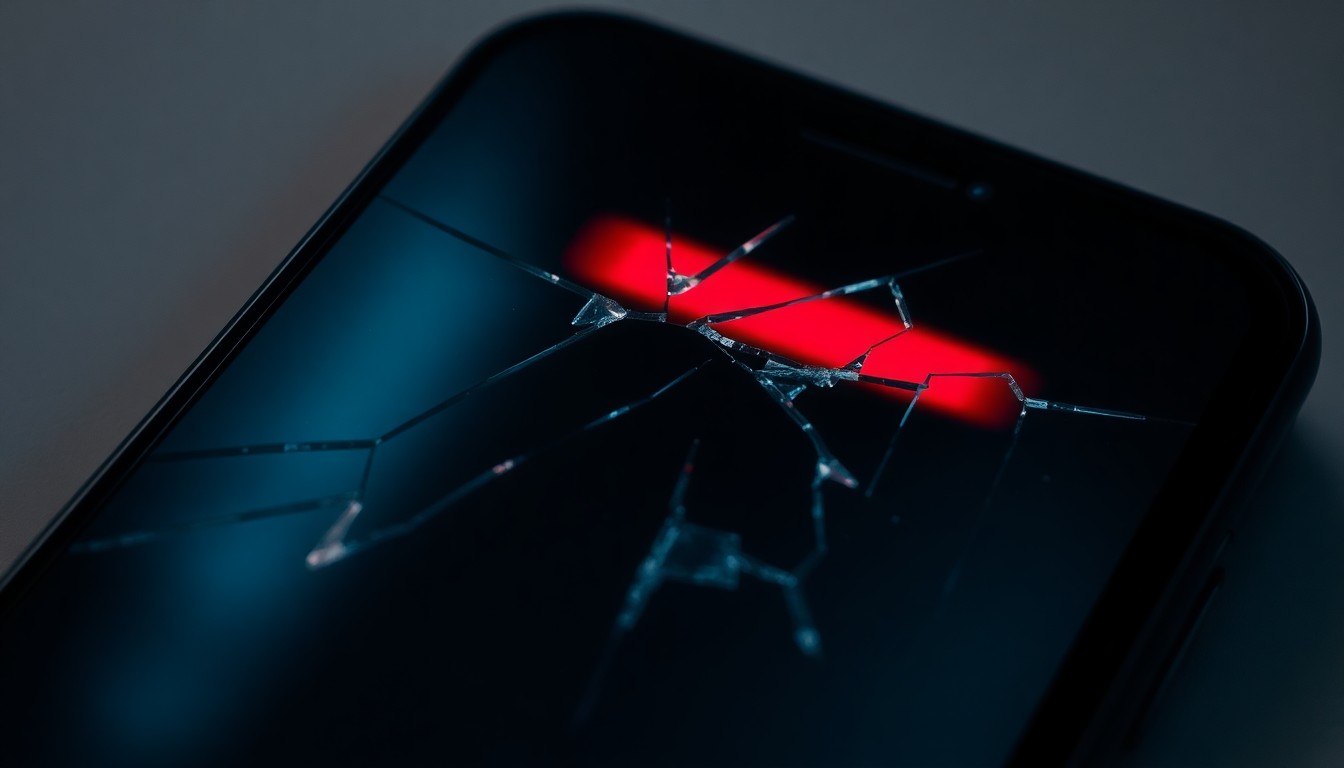 An extreme close-up photograph of a broken smartphone screen, the shattered glass reflecting a faint red light, conceptually illustrating the violation of privacy and the predatory nature of hidden recording devices.