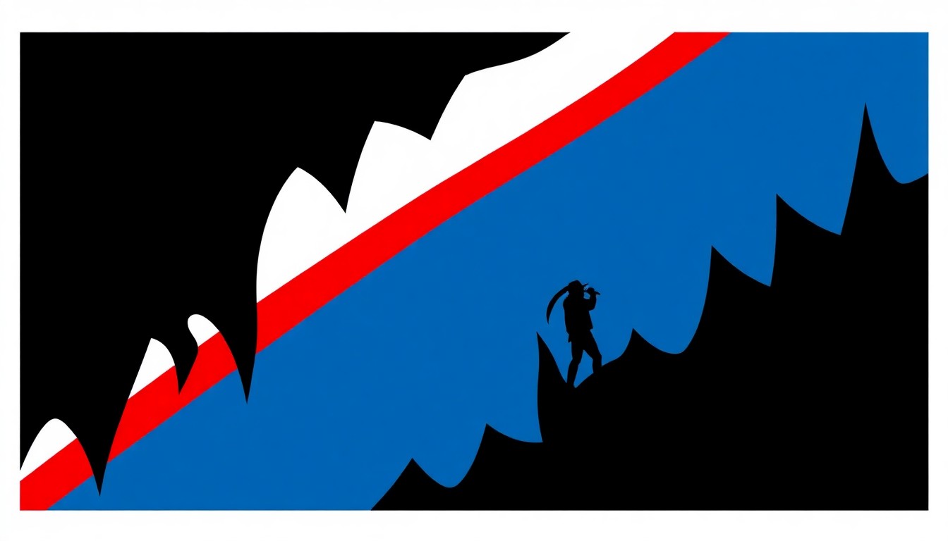 An abstract composition of bold, angular shapes in shades of blue, black, and red, conveying the haunting, mysterious mood of the classic rock song '(Don't) Fear the Reaper'.