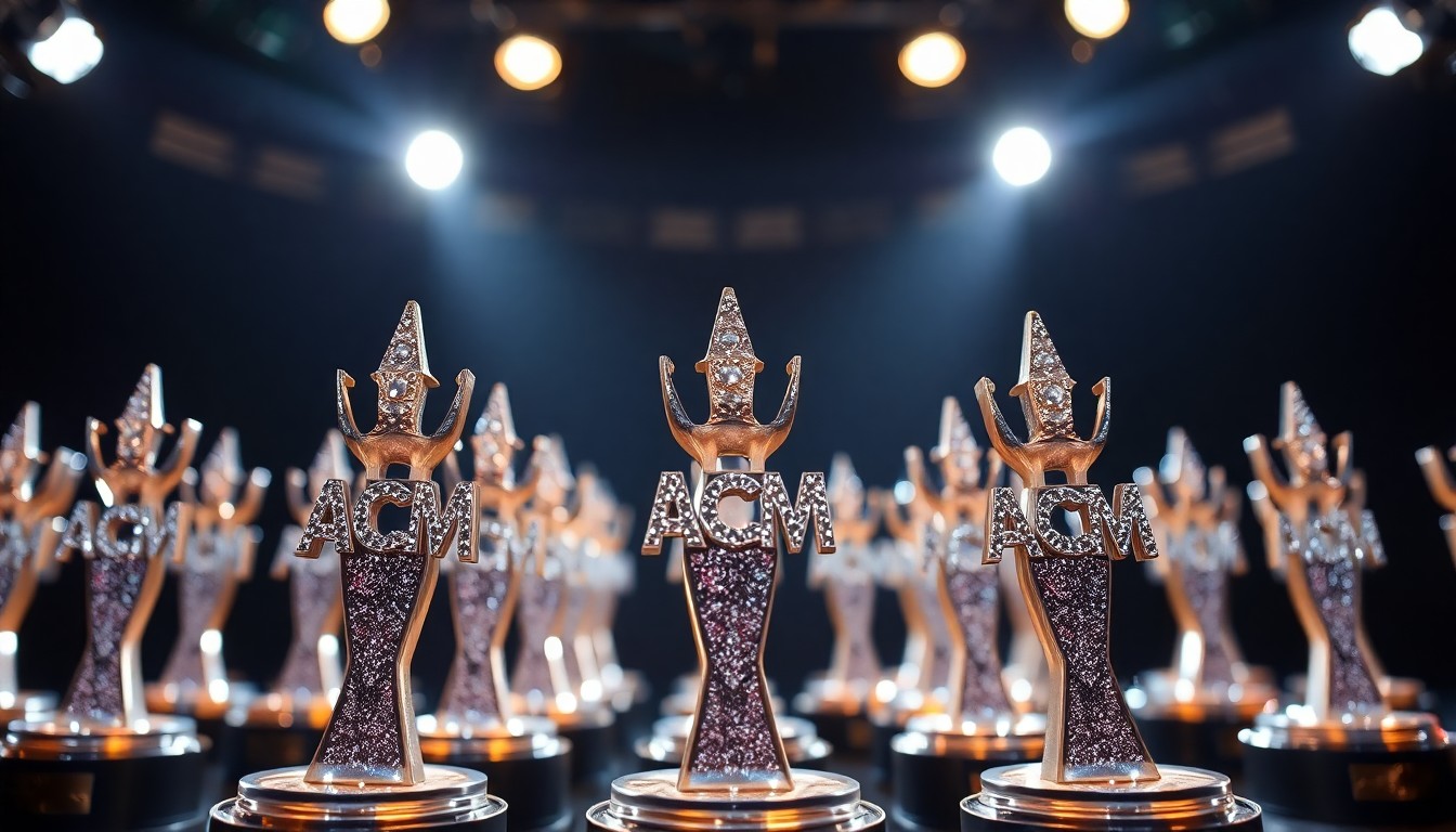 An extreme close-up photograph of several shiny, metallic country music award statuettes under dramatic, high-contrast studio lighting, capturing the prestigious and glamorous nature of the ACM Awards.